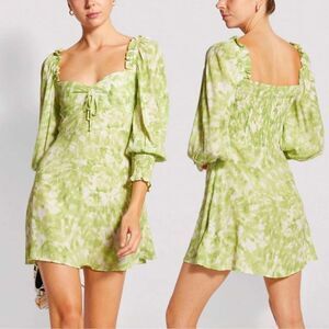 Faithfull The Brand Arianne Lime Roos Tie Dye Mini Dress puffy Sleeves